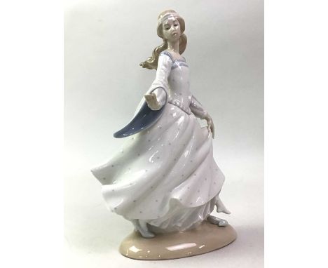 GROUP OF LLADRO FIGURES, AND A COPENHAGEN FIGURE OF A BIRD including a woman holding a sheep, an angel, and a boy holding a r