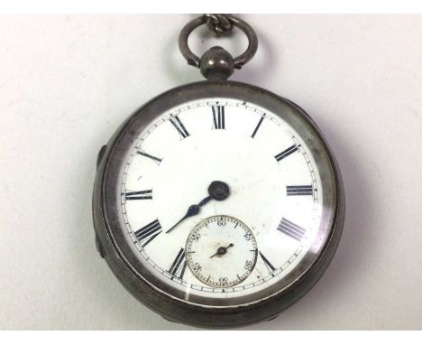 SILVER POCKET WATCH, ALONG WITH A SILVER ALBERT the pocket watch with white enamel dial, the Albert formed with a row of curb