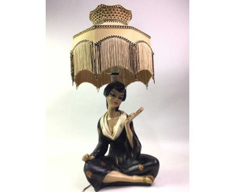 FIGURAL TABLE LAMP, LATE 20TH CENTURY modelled as a figure seated holding a fan, with fringe shade Scratches, paint chipping 