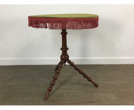 MAHOGANY 'GYPSY' TABLE, LATE 19TH CENTURY with a later pine circular top, covered in a green fabric, on bobbin turned support