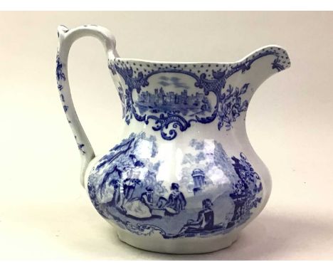 GROUP OF BLUE AND WHITE CERAMICS, including a Mason's wash basin, water jug, soup and other plates and a Dutch tile