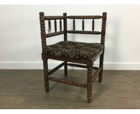 MAHOGANY CORNER CHAIR, with upholstered seat and bobbin turned supports 