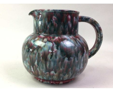 MARBLED CERAMIC WATER JUG AND OTHERS, including jugs, trinket boxes and a wine flask