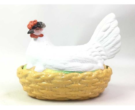 GROUP OF VARIOUS CERAMIC ITEMS, including hen on nest egg box, a smaller egg box, model of a swan, wally dog and a model of a