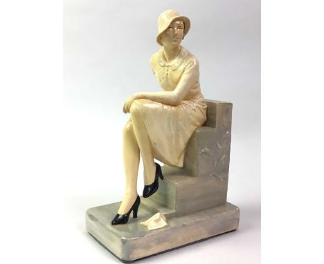 ART DECO POTTERY FIGURE OF A LADY,  ALONG WITH FURTHER ITEMS the lady modelled seated on step, signed to base, along with a F