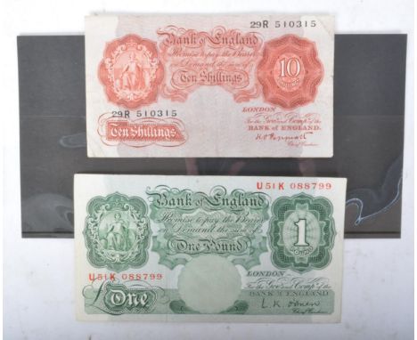 A UK Bank of England £1 note signed by L K O'Brien together with a Bank of England 10 shillings note signed by Peppiatt. Over