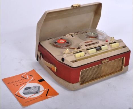 Stellaphone - Model ST 454 - A vintage Reel to Reel four-track tape recorder housed in within a portable red and cream carry 