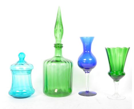 An assortment of retro vintage 20th century blue &amp; green Empoli style cut glass comprising of chalice, jar with lid, tall