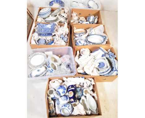 Large collection of Victorian 19th century blue &amp; white china to include cups, saucers, vases, plates, platters, jugs, te