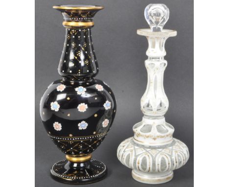 Two 19th century Czechoslovakian bohemian glass pieces to include a stoppered perfume bottle with flash cut and gilt decorati