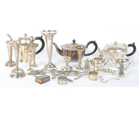 A collection of vintage 20th century silver plated ware to include an Elkington tea pot with ebonised handle &amp; paw feet, 