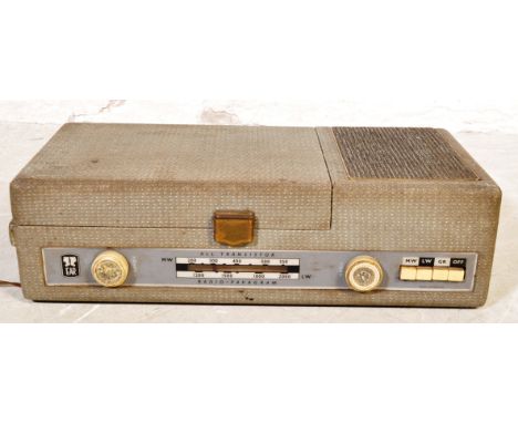 EAR - A vintage mid 20th Century portable record player having a three quarter hinged cover top with speaker to the right. So