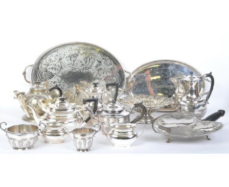 A collection of 20th Century silver plated items to include; teapots, serving tray, plates, hot water jugs, milk jugs, fruit 