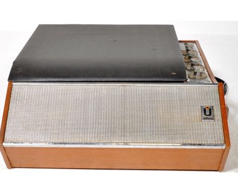 Ultra - Model 6018 - A vintage teak cased portable record player having a hinged cover opening to reveal a BSR turntable deck