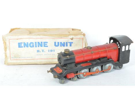 A vintage 20th Century wood and metal toy engine unit train. Unitoy Supplies - made in England. The red locomotive made from 