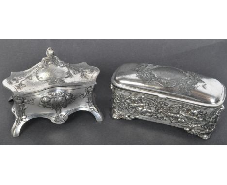 Art Nouveau WMF jewellery casket retaining original silk lining and stamped to base together with an silver plated casket dec