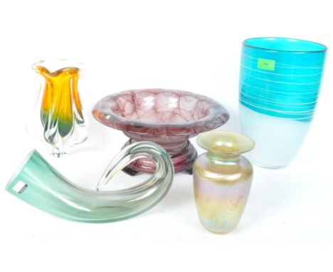 A collection of vintage retro 20th century colourful studio art glass comprising of vases of various sizes, bowl dish on stan