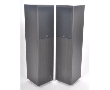 Gale - Model 4 - A matching pair floorstanding speakers finished in black with quarter mesh fronts. Each raised on metal spik