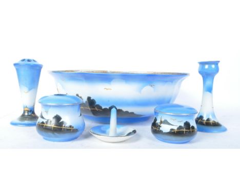 A vintage 20th century Art Deco era Rubian Art Pottery ceramic wash bow and dressing table set comprising of large wash bowl,