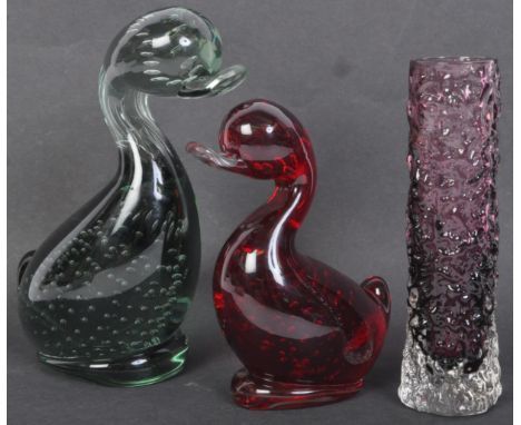 An assortment of retro vintage 20th century Whitefriars glass items comprising of a Bark pattern finger vase in aubergine col