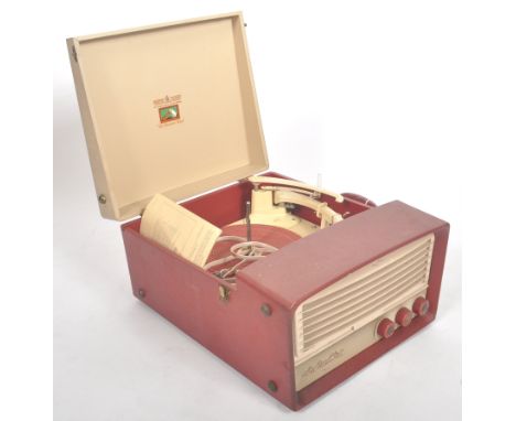 HMV - A retro portable record player having cream and burgundy case set with a Garrard RC 121 MkII turntable. Appears in good