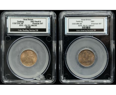 Victoria (1837-1901), Farthings (2), both 1862 (Cooke 158; F 507; BMC 1865; S 3958) [2]. One brilliant mint state, other extr