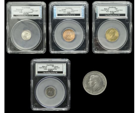 George VI (1936-1952), Crown, 1951, silver Threepences (2), Proof 1937, 1943 (S 4085, 4111); Elizabeth II, Threepence, 1963, 