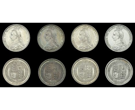 Victoria (1837-1901), Sixpences (4), all 1887 Jubilee, one with r of victoria over v (ESC 3264, 3266; S 3928) [4]. Very fine 