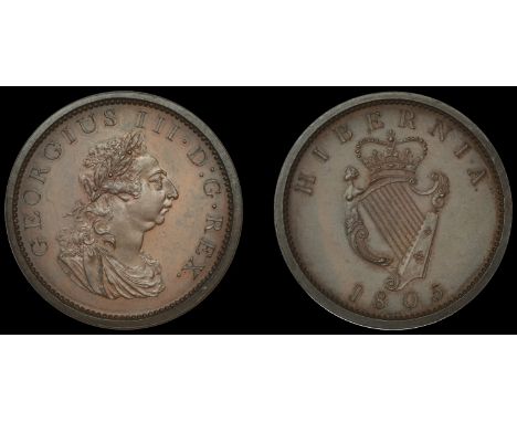 Ireland, George III, Soho coinage, restrike Proof Penny, 1805, in bronzed-copper, edge plain, 13.96g/6h (S 6620). Good extrem