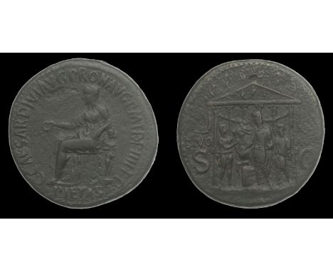 Roman Imperial Coinage, Caligula, Sestertius, Rome, 39-40, Pietas seated left on ornate chair, holding patera, resting elbow 