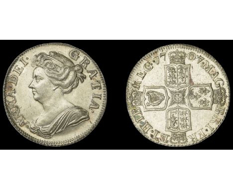 Anne (1702-1714), Shilling, 1707, third bust (ESC 1395; S 3610). Lacquered, otherwise good extremely fine £500-£700  ---  Pro