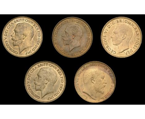 Edward VII (1901-1910), Penny, 1910 (F 170; BMC 2219; S 3990); George V, Pennies (3), 1915, 1918, 1936 (F 179, 182, 214; BMC 