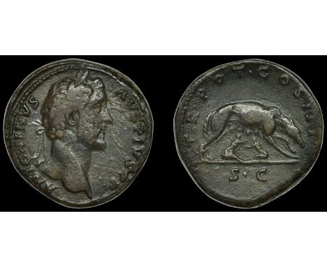 Roman Imperial Coinage, Antoninus Pius, Sestertius, Rome, 140-4, laureate bust right, rev. she-wolf right, suckling twins bel