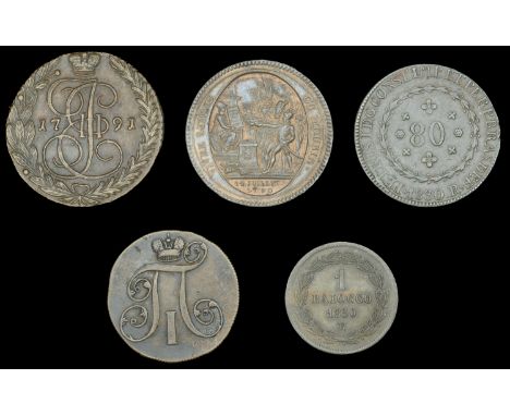 Brazil, Peter I, 80 Réis, 1830r (KM. 366.1); FRANCE, First Republic, 5 Sols, 1792, yr IV, Monneron Frès, departemens edge (Br