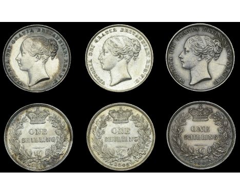 Victoria (1837-1901), Shillings (3), 1845, 1846, 1849 (ESC 2991-2, 2995; S 3904) [3]. About extremely fine or better, first w
