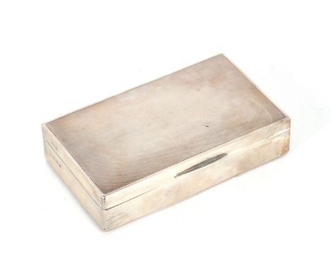 A modern silver cigarette box, engine turned lid and wooden lined interior, Birmingham 1969, 14.5cm long&nbsp;
