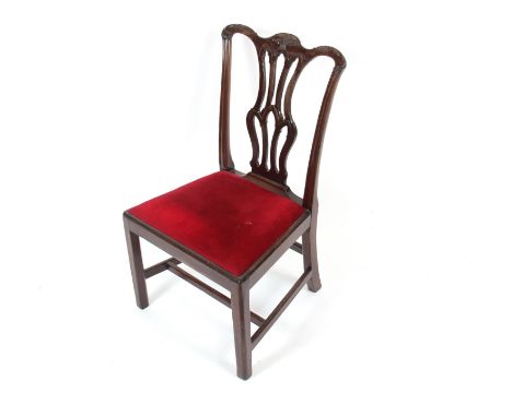 A set of six carved mahogany Chippendale style dining chairs, having pierced slat backs and an upholstered drop in seats, rai