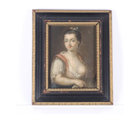 An 18th Century portrait of a semi clad lady in suggestive pose, oil on panel 10cm x 12cm overall