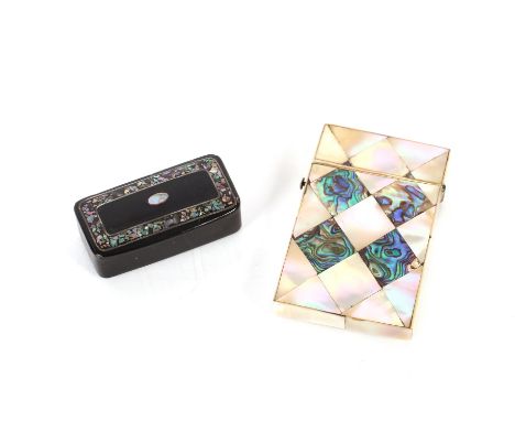 A mother of pearl visiting card case, 9.5cm x 5.5cm and a Victorian papier m&acirc;ch&eacute; and mother of pearl decorated s