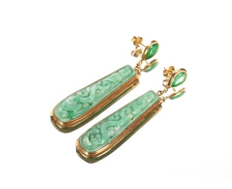 A pair of yellow metal and jade coloured drop ear-rings; a pair of turquoise and pearl drop ear-rings; a pair of turquoise st