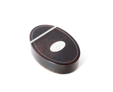 A 19th Century tortoiseshell and silver mounted snuff box, the hinged lid having central boss with monogram, 8cm long&nbsp;