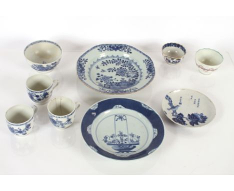 A Chinese blue and white export ware bowl; a 19th Century plate with basket of flowers decoration, character mark to the base