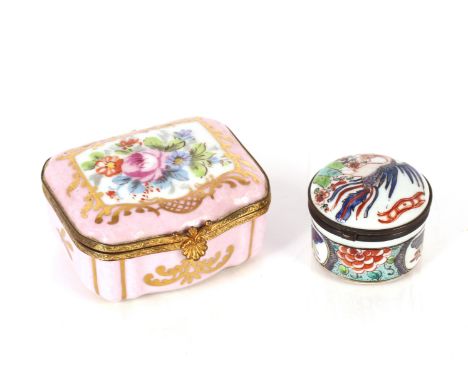A small Oriental porcelain patch box with hinged cover, decorated exotic birds and foliage; and a French porcelain hinged tri
