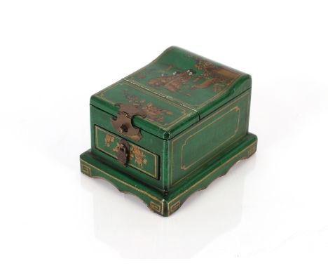 A Chinese green lacquer and chinoiserie decorated mirror box, the hinged lid opening to reveal a silvered plate and drawer be