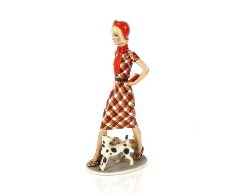 Lenci Torino, study of a young woman in checked dress striding out with her terrier dogs, red book under her arm, initialled 