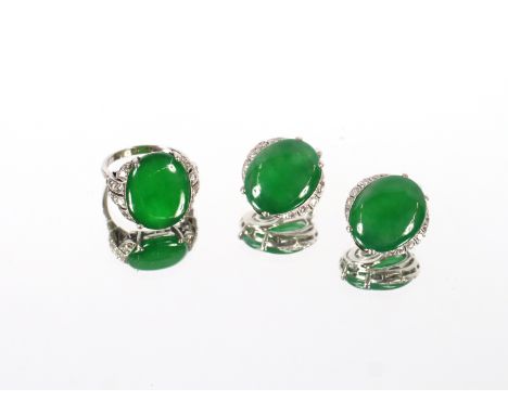 A white metal, jade and diamond set ring, size N, approx. 7.5gms total weight; and a pair of white metal jade and diamond set