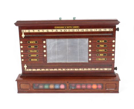 An early 20th Century mahogany snooker score board by Burroughes & Watts of London, having glazed drop front ball compartment