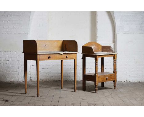 Two Victorian scumbled pine washstands, late 19th century, each with a shaped three-quarter gallery over a single drawer, the