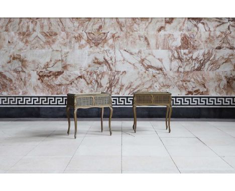 A pair of giltwood trough planters, each with panelled sides, carved embellishments and raised on cabriole supports, with tin