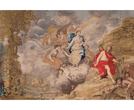 A Louis XV Gobelins mythological tapestry depicting Juno and Aeolus, early 18th century, French, woven with a landscape centr